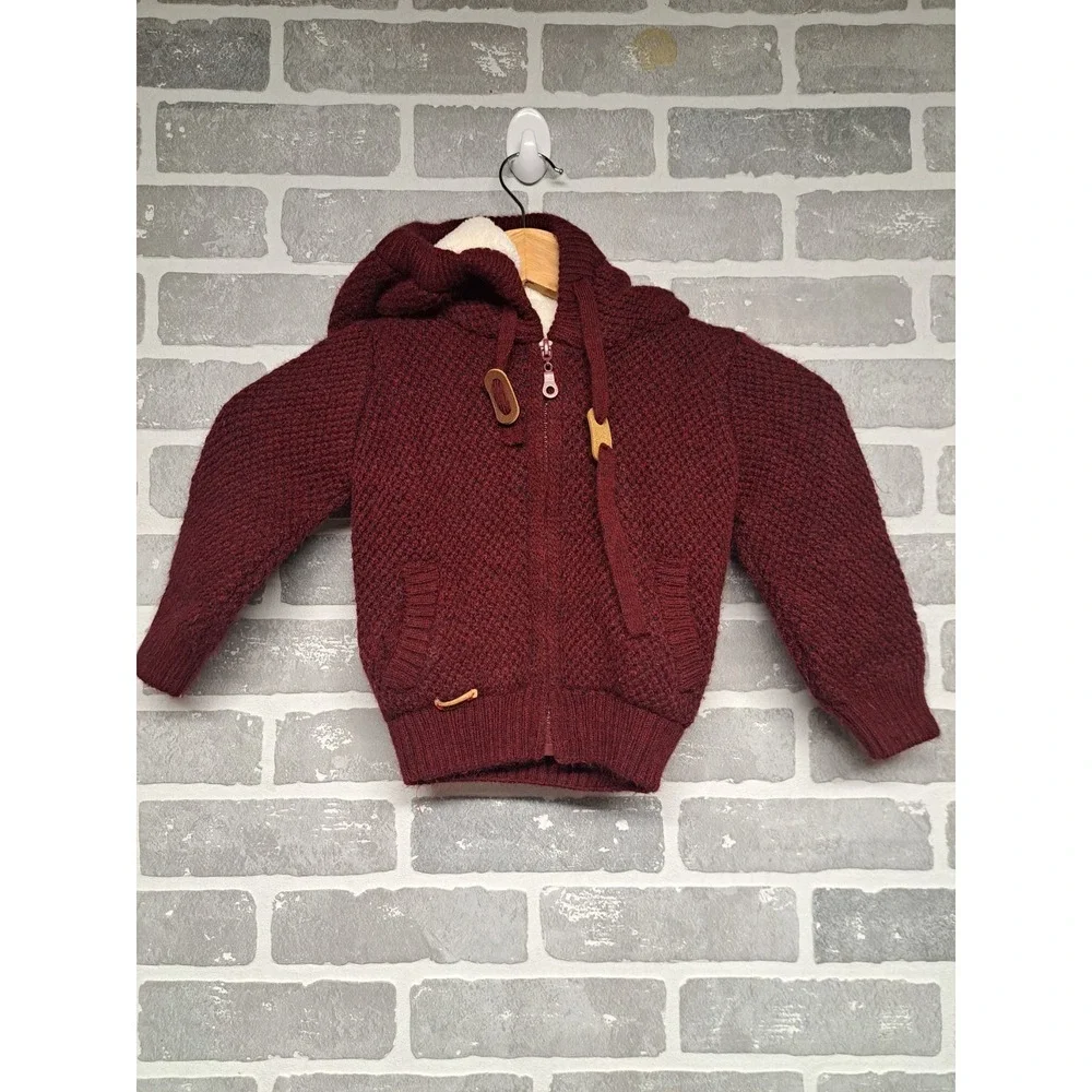 N Z L Baby Burgandy Wool‎ Knit Full Zip Hoodie Size 2-3T